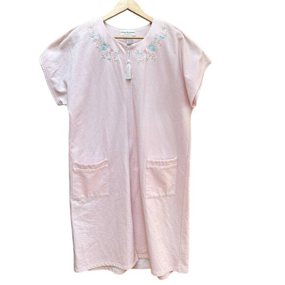 Miss Elaine Classics Housecoat Dress Robe Pink‎ White Embroidered Comfy Size L - Picture 1 of 7